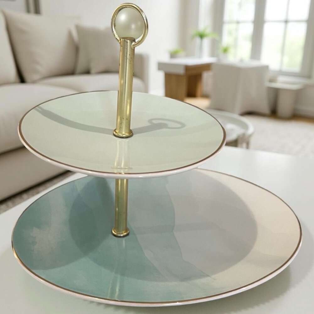Vintage 2-Tier Cupcake Snack Tray Plate Seafoam Green with Gold Detail 7.25 H